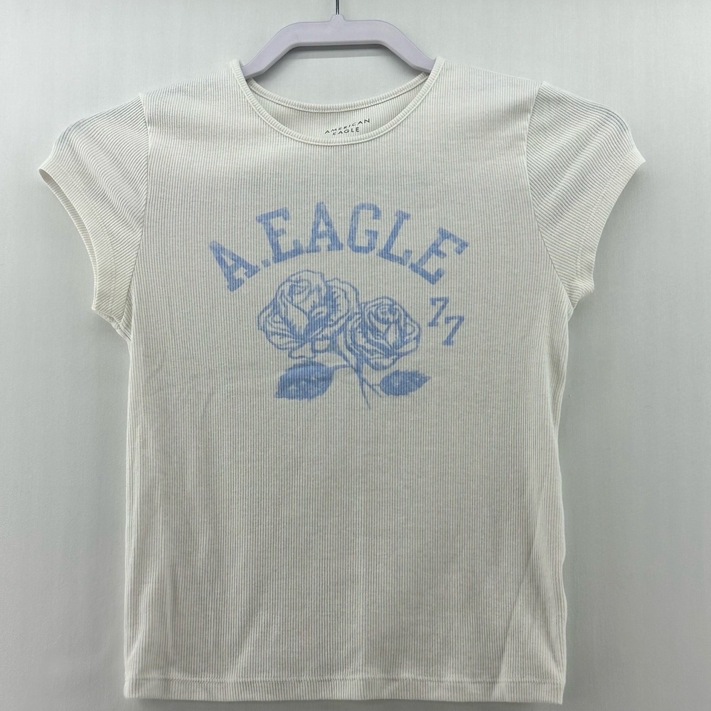 American Eagle Women's‎ Ribbed Graphic Tee Roses Logo White Blue Sz Small